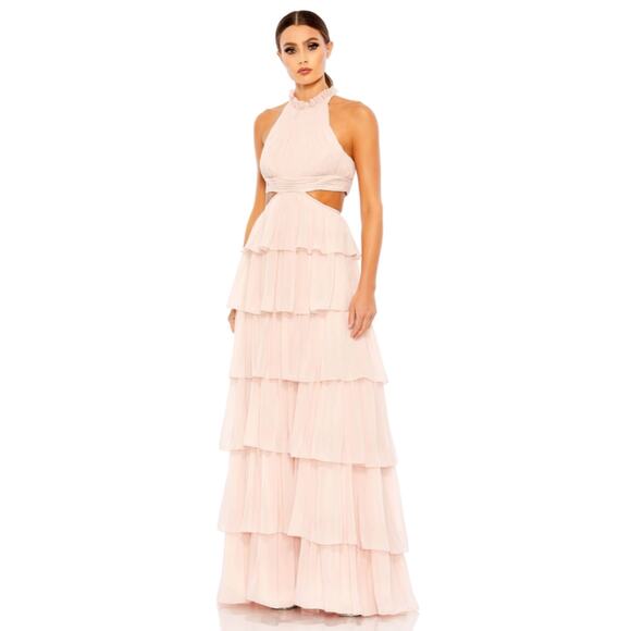 Ieena for Mac Duggal Pink Tiered High Neck Gown W/ Cut Outs - Size 0 - NWT - Picture 1 of 7